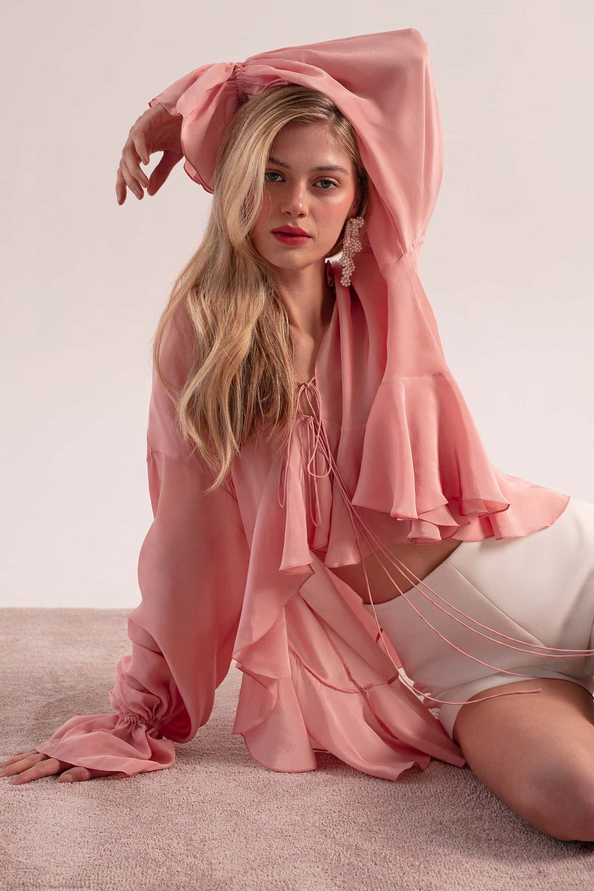 Boho pink silky blouse with ruffles | Splash blouse