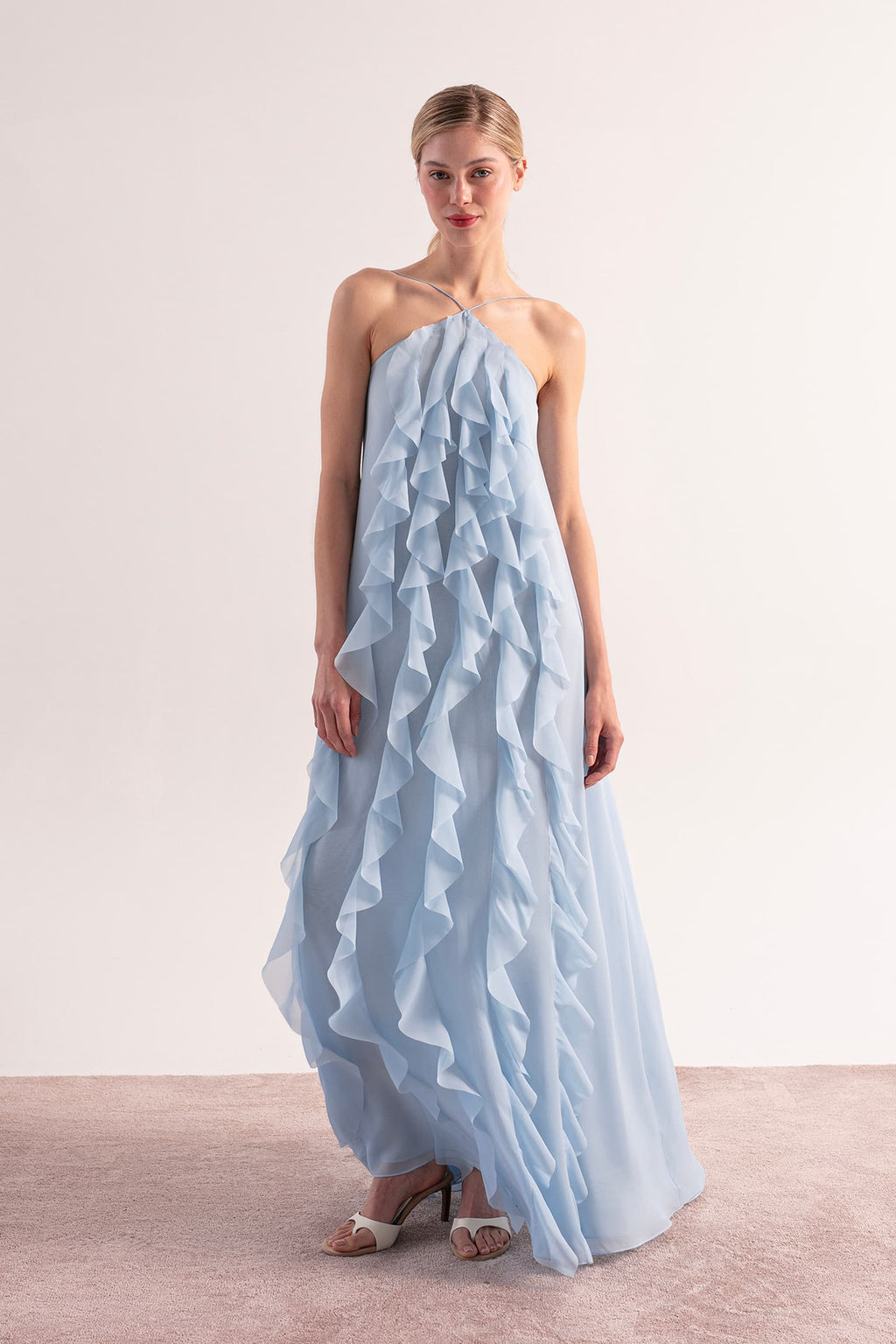 Sky blue chiffon maxi dress with ruffles | Illusion dress Sky blue chiffon maxi dress with ruffles | Illusion dress