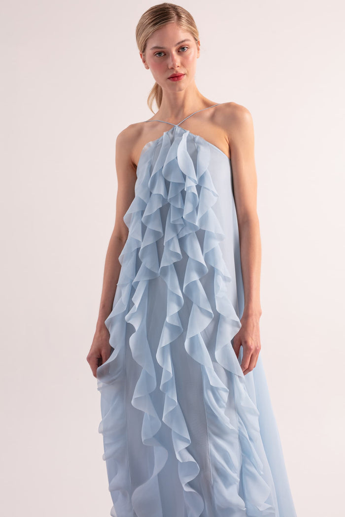 Sky blue chiffon maxi dress with ruffles