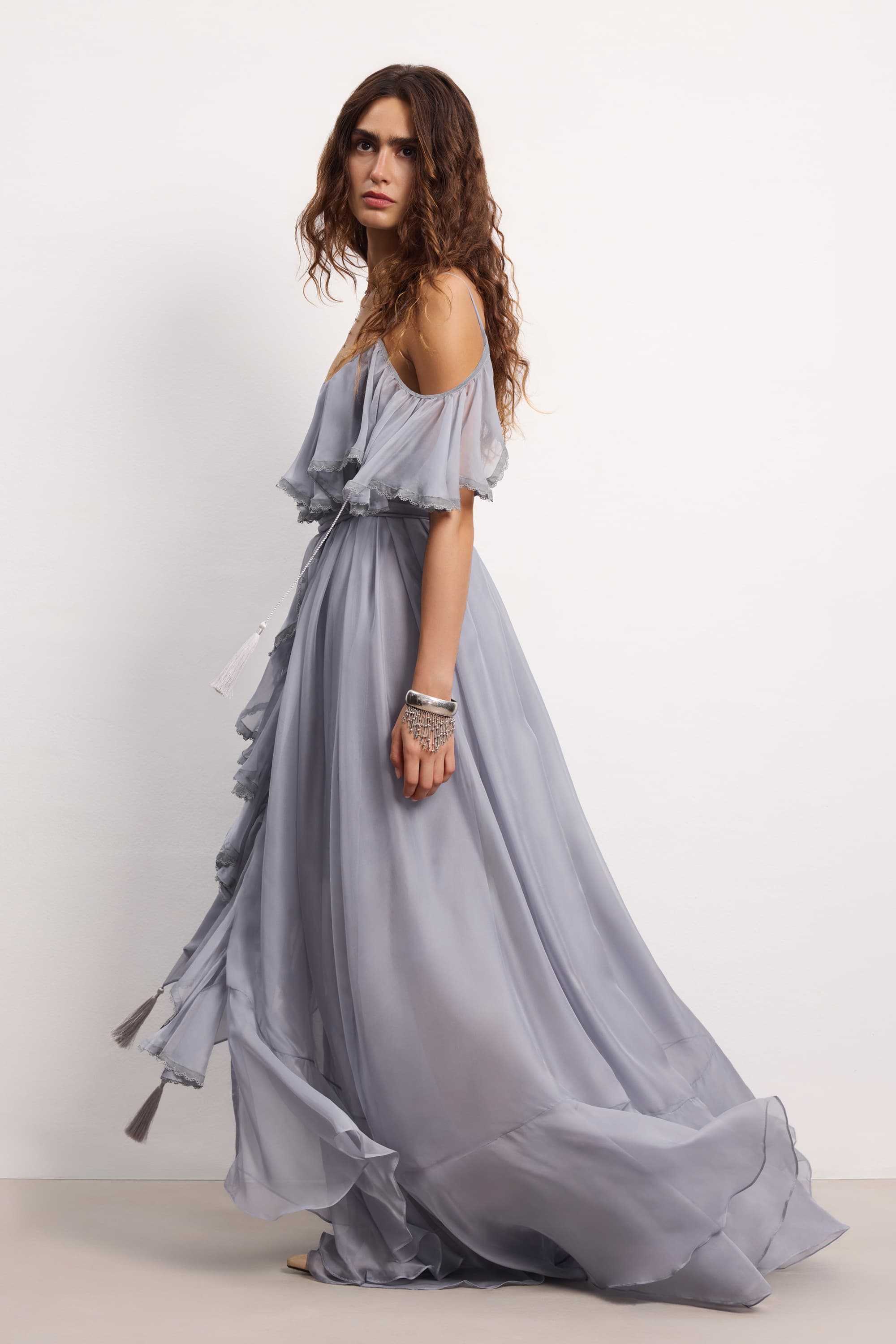 gray flowy dress HAPPY CLOTHING HAYLEY GRAY ORGANZA FLARED MAXI DRESS