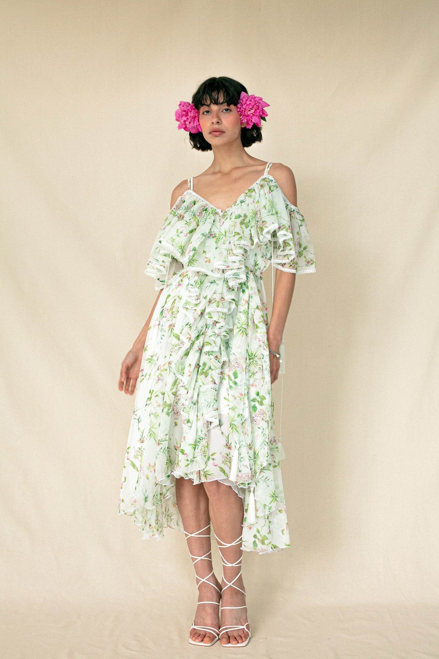 Model in milky meadow San Francisco Midi Dress