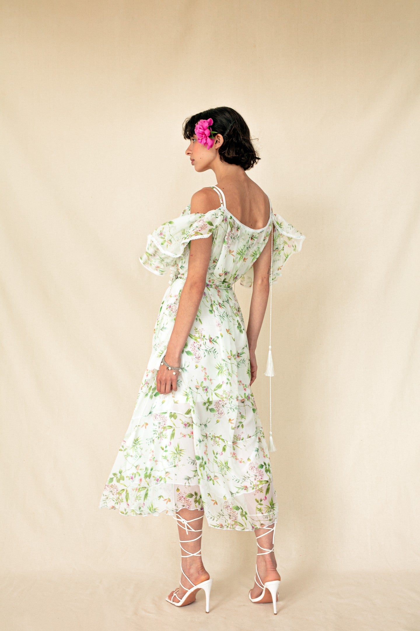 Model in milky meadow San Francisco Midi Dress