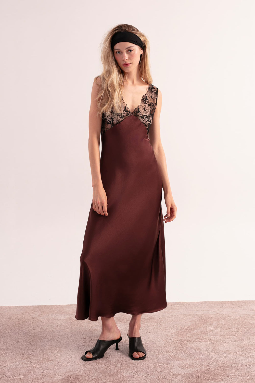 Brown silky lingerie dress, bias cut with lace
